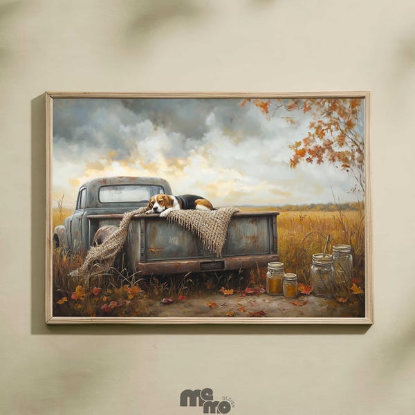 Beagle Dog Fall Truck Wall Art, Rustic Autumn Pet Painting, Country Dog Lover Gift, Farmhouse Animal Premium Matte Paper Poster Decor