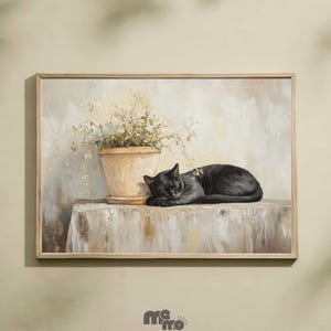 Sleeping Black Cat Rustic Wall Art, Cozy Minimalist Boho Pet Painting, Cat Art for Rustic Cottage Decor, Calming Animal Matte Paper Poster