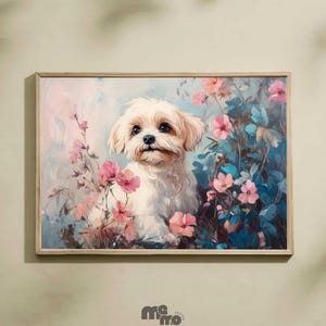 Maltese Dog Floral Wall Art Download, White Puppy Rococo Digital Painting, Cute Pet Portrait Printable for Dog Lovers Gift, Boho Home Decor