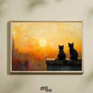 猫のウォールアートプリント、夕日を眺める2匹の黒猫のデジタル油絵ダウンロード、ミニマリストアートワーク、猫好きのためのロマンチックなペットの壁飾り