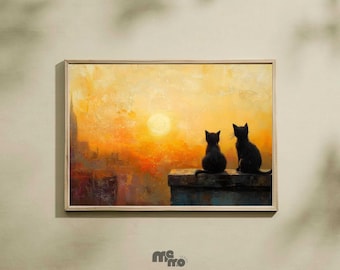 Cat Wall Art Print, Two Black Cats Watching Sunset Digital Oil Painting Download, Minimalist Artwork Romantic Pet Wall Decor for Cat Lovers