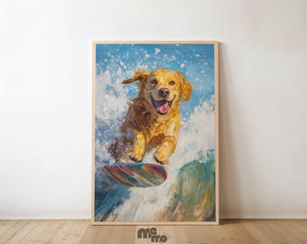 Golden Retriever Wall Art Print Surfing Dog Poster Funny Summer Beach Decor Digital Download Pet Lover Gift for Coastal Home Surf Shack