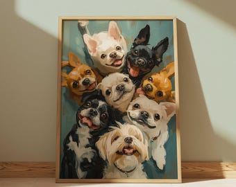 Könnte beinhalten: Ein gerahmter Kunstdruck mit einer Gruppe lächelnder Hunde verschiedener Rassen. Die Hunde, in Weiß-, Schwarz-, Braun- und Beigetönen, sind vor einem türkisfarbenen Hintergrund eng beieinander angeordnet. Das Kunstwerk hat einen malerischen Stil mit sichtbaren Pinselstrichen.