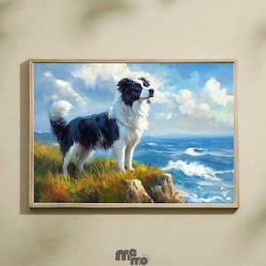 Border Collie Coastal Wall Art Download, Collie Dog Ocean Cliff Digital Print, Scenic Pet Painting Gift for Dog Lovers Coastal Home Decor