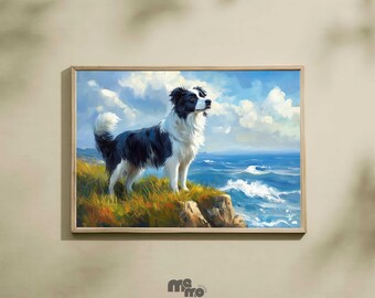 Scarica l'immagine murale costiera di Border Collie, stampa digitale di un cane Collie con scogliera sull'oceano, dipinto panoramico per animali domestici, regalo per gli amanti dei cani, decorazione per la casa costiera.
