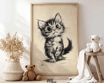 Arte de pared bohemio de gatitos, boceto de gato juguetón imprimible, decoración de guardería para amantes de las mascotas, decoración de animales para guardería para amantes de los gatos