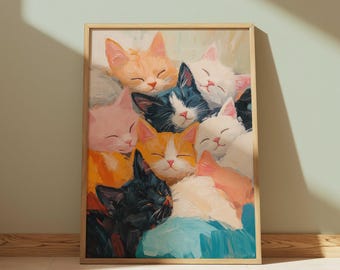 Sleeping Cat Wall Art Download, Cute Kittens Oil Painting Print, Cozy Pet Digital Artwork for Cat Lover Nursery or Wall Decor Gift