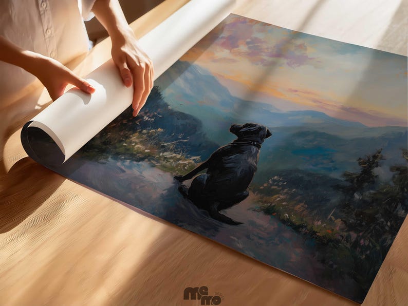 Pode incluir: Uma impress&atilde;o de arte enrolada com um c&atilde;o preto a contemplar uma cordilheira ao p&ocirc;r do sol. A impress&atilde;o est&aacute; a ser desenrolada numa superf&iacute;cie de madeira. A obra de arte tem um estilo pict&oacute;rico com cores suaves e uma atmosfera serena.