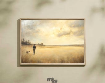 Impressão de pôster de arte de parede de golfe e cachorro, pintura de paisagem de campo dourado, arte de animal pacífica, presente para amantes de animais de estimação de golfistas, decoração de papel fosco premium