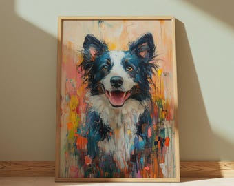 以下が含まれることがあります： ボーダーコリー犬のカラフルな印象派絵画が描かれた、額入りのアートプリント。犬は白と黒の毛並みで、幸せそうな表情をしています。背景はピンク、黄色、青が混ざり合っています。