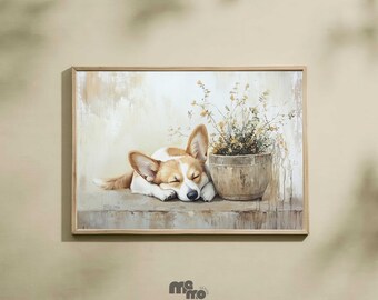 Sleeping Corgi Dog Wall Art Download, Rustic Pet Painting, Cozy Puppy Printable for Dog Lovers Gift, Neutral Farmhouse Digital Boho Decor