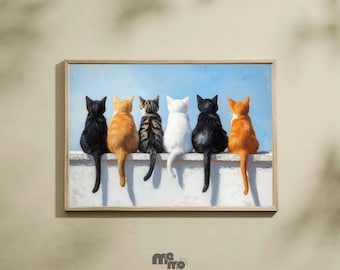 Funny Cat Butts Wall Art Download, Cats Sitting Printable Oil Painting, Cute Pet Animal Poster for Cat Lovers, Digital Cat Decor Gift