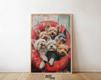 Cute Yorkie Puppy Dog Painting Wall Art, Happy Dogs on Red Chair Digital Poster, Funny Animal Pet Portrait Home Decor for Dog Lover Gift