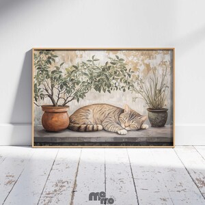 May include: A framed print featuring a sleeping tabby cat resting on a ledge. Two potted plants flank the cat, with a larger plant on the left and a smaller one on the right. The background has a textured, aged appearance.