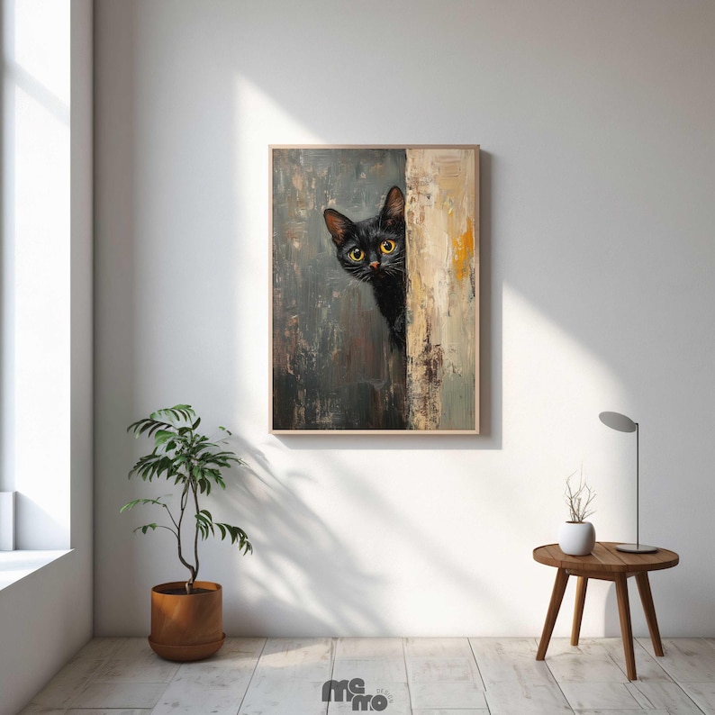 peeking black cat poster, cute cat print, home decor,... Peeking Black Cat Painting Poster Print, Funny Curious Cat Wall Art for ...