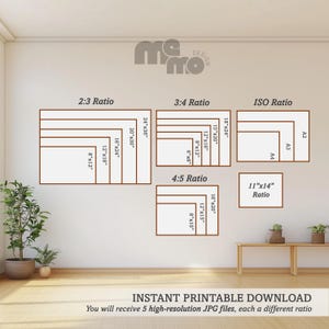 Pode incluir: Uma exibi&ccedil;&atilde;o de parede com molduras retangulares em v&aacute;rias propor&ccedil;&otilde;es, incluindo 2:3, 3:4, 4:5, ISO e 11"x14". O texto "INSTANT PRINTABLE DOWNLOAD" e outros detalhes est&atilde;o na parte inferior. As molduras s&atilde;o castanhas.