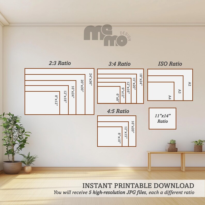 Pode incluir: Uma exibi&ccedil;&atilde;o de parede com molduras retangulares em v&aacute;rias propor&ccedil;&otilde;es, incluindo 2:3, 3:4, 4:5, ISO e 11"x14". O texto "INSTANT PRINTABLE DOWNLOAD" e outros detalhes est&atilde;o na parte inferior. As molduras s&atilde;o castanhas.