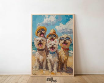 Happy Beach Dog Wall Art Print Download, Funny Summer Puppy with Sunglasses Oil Painting, Cute Pet Decor Gift for Dog Lover Coastal Home