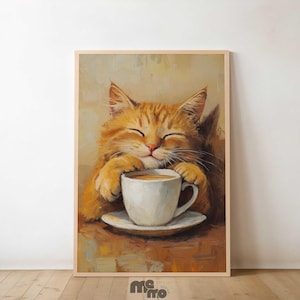 Póster de gato atigrado naranja con café, adorable y acogedor cuadro de gato pelirrojo con taza de café, regalo de decoración de cocina para amantes de los gatos, papel mate premium