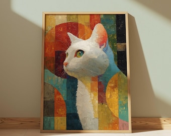 White Cat Abstract Wall Art Print, Colorful Geometric Pet Portrait, Modern Cat Painting for Cat Lovers and Contemporary Home Decor Gift