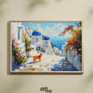 Santorini Greece Cat Wall Art Poster, Orange Tabby on Greek Island Street Oil Painting, Mediterranean Animal Travel Art Coastal Home Decor
