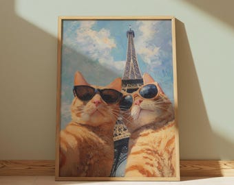 Funny Eiffel Tower Cat Wall Art Download, Orange Tabby Cat Selfie in Paris Painting, Cute Digital Printable Pet Poster Gift for Cat Lovers