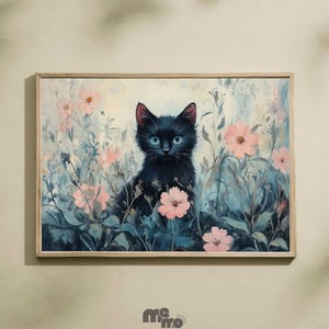 Black Cat in Wildflower Field Wall Art Download, Rococo Floral Animal Oil Painting, Cute Pet Portrait for Cat Lovers, Boho Printable Decor