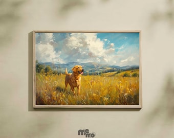ラブラドール・レトリバーのウォールアートダウンロード、幸せな犬の草原の風景油絵、犬好きの方へのデジタルサニーペットプリントギフト、ホームデコレーション