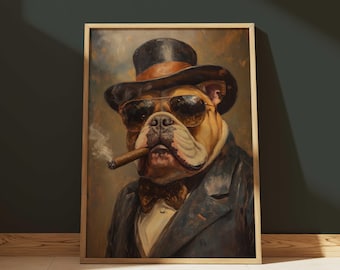 May include: Framed portrait of a bulldog wearing sunglasses, a top hat, and a suit, smoking a cigar. The artwork has a vintage aesthetic with a neutral color palette and is set against a dark background.