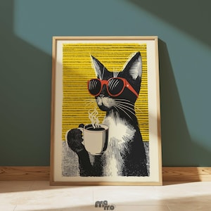 Cool Cat Drinking Coffee Wall Art, Funny Cat with Red Sunglasses Vintage Pop Art, Quirky Pet Premium Matte Paper Poster for Cat Lovers Gift