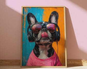 Funny French Bulldog DJ Wall Art - Retro Dog in Headphones & Sunglasses Digital Download - Pet Portrait Gift for Music Lovers Home Decor