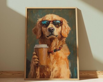 Golden Retriever Premium Matte Paper Poster, Coffee Lover Dog Wall Art, Funny Golden Retriever Wearing Sunglasses Poster, Dog Art Home Decor
