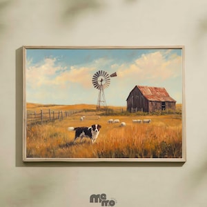 Australian Shepherd Farm Dog Art Poster, Rustic Barn Landscape Painting, Country Sheep Herding Art, Farmhouse Premium Matte Paper Wall Decor