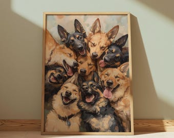 Happy Dog Wall Art Poster Print, German Shepherd Group Portrait Painting, Playful Dogs Premium Matte Paper Poster Gift, Dog Lover Home Decor