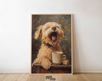 Dog Wall Art Print Yawning Coffee Dog Painting Digital Download Funny Pet Portrait for Dog Lovers Home Decor Gift for Coffee Lovers