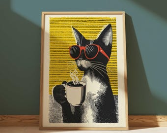 Cool Vintage Cat Drinking Coffee Wall Art, Funny Cat with Red Sunglasses Pop Art, Quirky Pet Poster for Cat Lovers Decor, Digital Download
