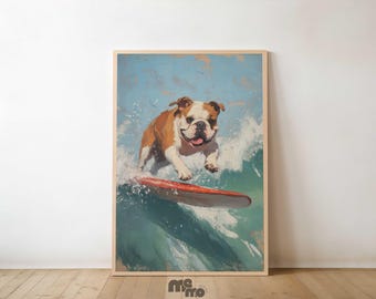 May include: A brown and white bulldog with a happy expression is riding a red surfboard on a blue wave. The dog is wearing a white collar and has a wet nose. The background is a blue sky with white clouds.