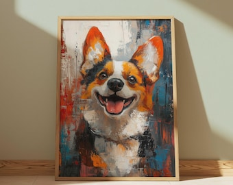 Téléchargement d'art mural abstrait chien corgi heureux, impressionnisme coloré portrait d'animal de compagnie peinture à l'huile imprimable, décoration d'intérieur moderne pour cadeau pour amoureux des chiens