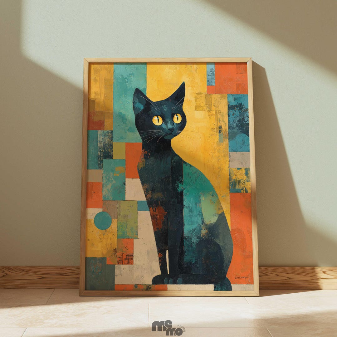 Black Cat Modern Abstract Wall Art Print, Vibrant Geometric Cat Poster ...