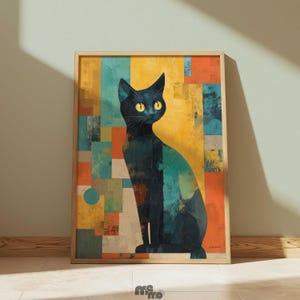 Black Cat Modern Abstract Wall Art Print, Vibrant Geometric Cat Poster Painting Download, Unique Gift for Pet Owners & Home Decor