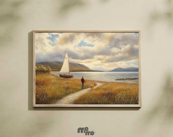 Impresión artística rústica de pared de golden retriever, pintura al óleo con vista al lago y velero, descarga digital, regalo de decoración escénica para el hogar para amantes de las mascotas.
