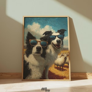 Farm Dog Wall Art Download, Funny Border Collie Selfie with Sheep Digital Painting, Vintage Country Dog Printable Poster Gift for Pet Lovers