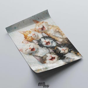May include: A print featuring a watercolor painting of six kittens. The kittens are in various colors, including orange, white, and black, and are all depicted with their mouths open in a yawn or a laugh. The artwork is on a slightly textured paper.