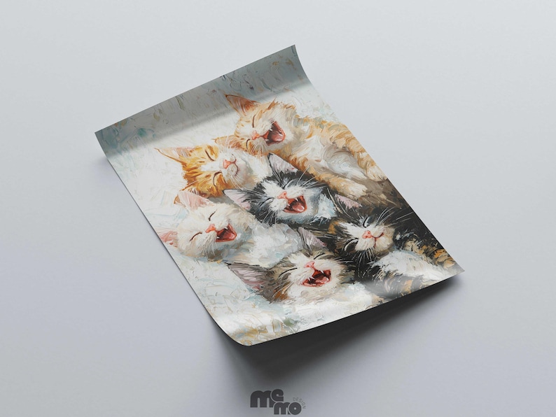 May include: A print featuring a watercolor painting of six kittens. The kittens are in various colors, including orange, white, and black, and are all depicted with their mouths open in a yawn or a laugh. The artwork is on a slightly textured paper.