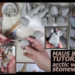 May include: A tutorial on creating ceramic animal busts. The image shows various stages of the process, including sculpting and painting. The text reads "MAUS BUST TUTORIAL: arctic white stoneware."