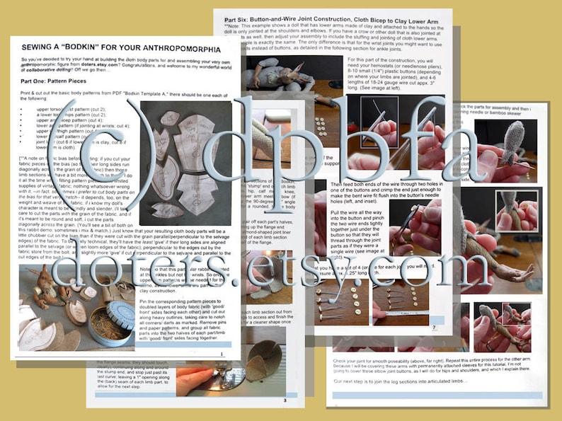 May include: A close-up of a page from a sewing guide for creating a "Bodkin" doll. The page shows detailed instructions for sewing the body parts and constructing a button-and-wire joint for the arm. The text includes the phrase "doters.etsy.com".