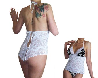 Oakland Raiders Sexy White Lace Babydoll Set, Matching Panties, Tuxedo Hem, Ties in Back - PLS READ Sizing Info - Made to Order