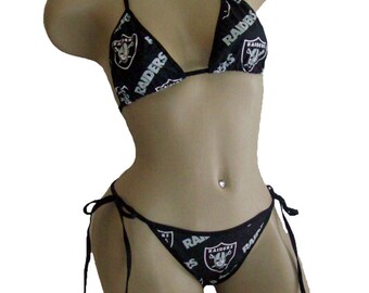 Oakland Raiders Black Bikini - Made With LICENSED Fabric - Custom Made Top and Scrunch Bottom - Pick Your Coverage!! Custom made bikini | Etsy