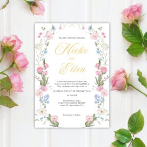 Floral Wedding Invitation Template, Pastel Wedding Invitation, Editable in Canva, Pastel Wildflower Wedding Invitation, Floral Wreath