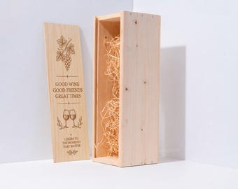 Caja de Vino Magnum Madera 1 Botella – Caja Grabada de Lujo con Tapa Deslizante & Viruta – Regalo Boda o Empresa